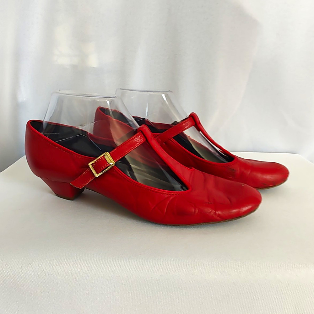 Leo's Dance Wear Rockabilly Women’s Red Leather T-Strap Dance Shoes, Low Heel
